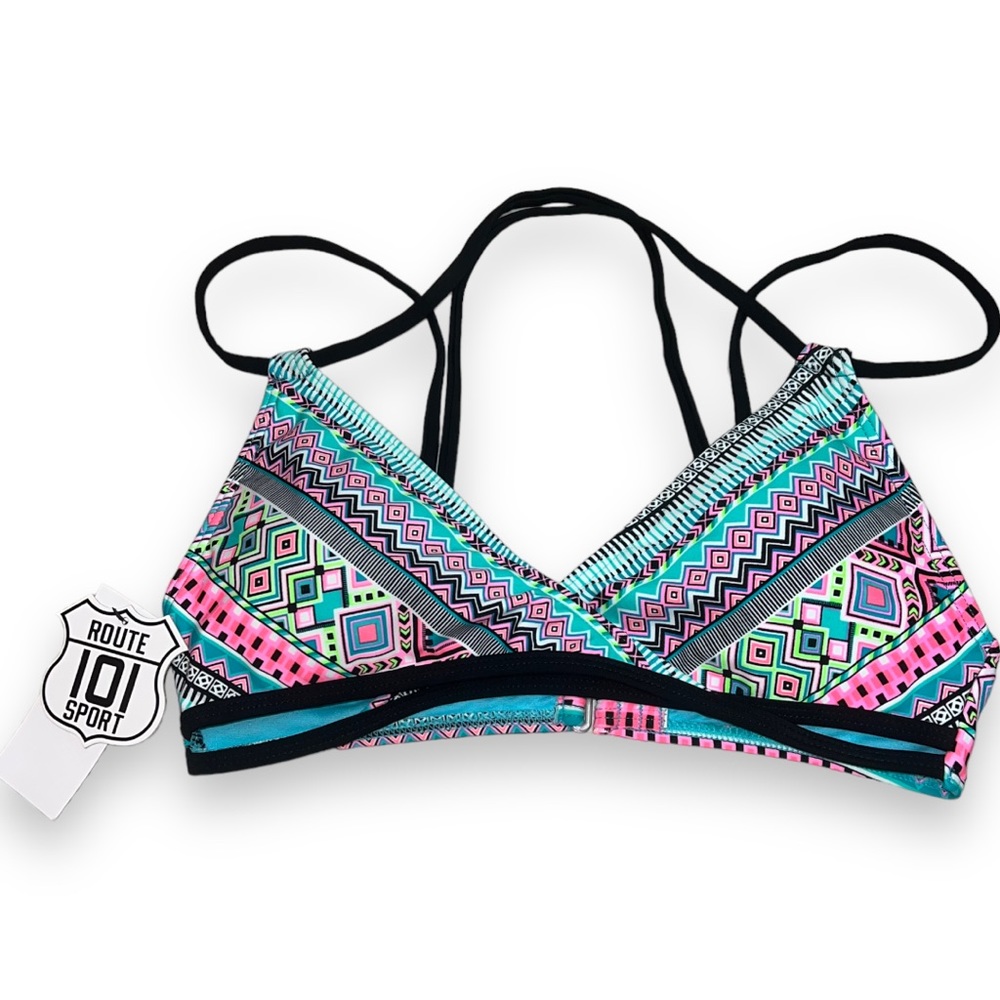 NEW Route 101 Black/Blue Strappy Halter Triangle Bikini Top Women’s Size Medium